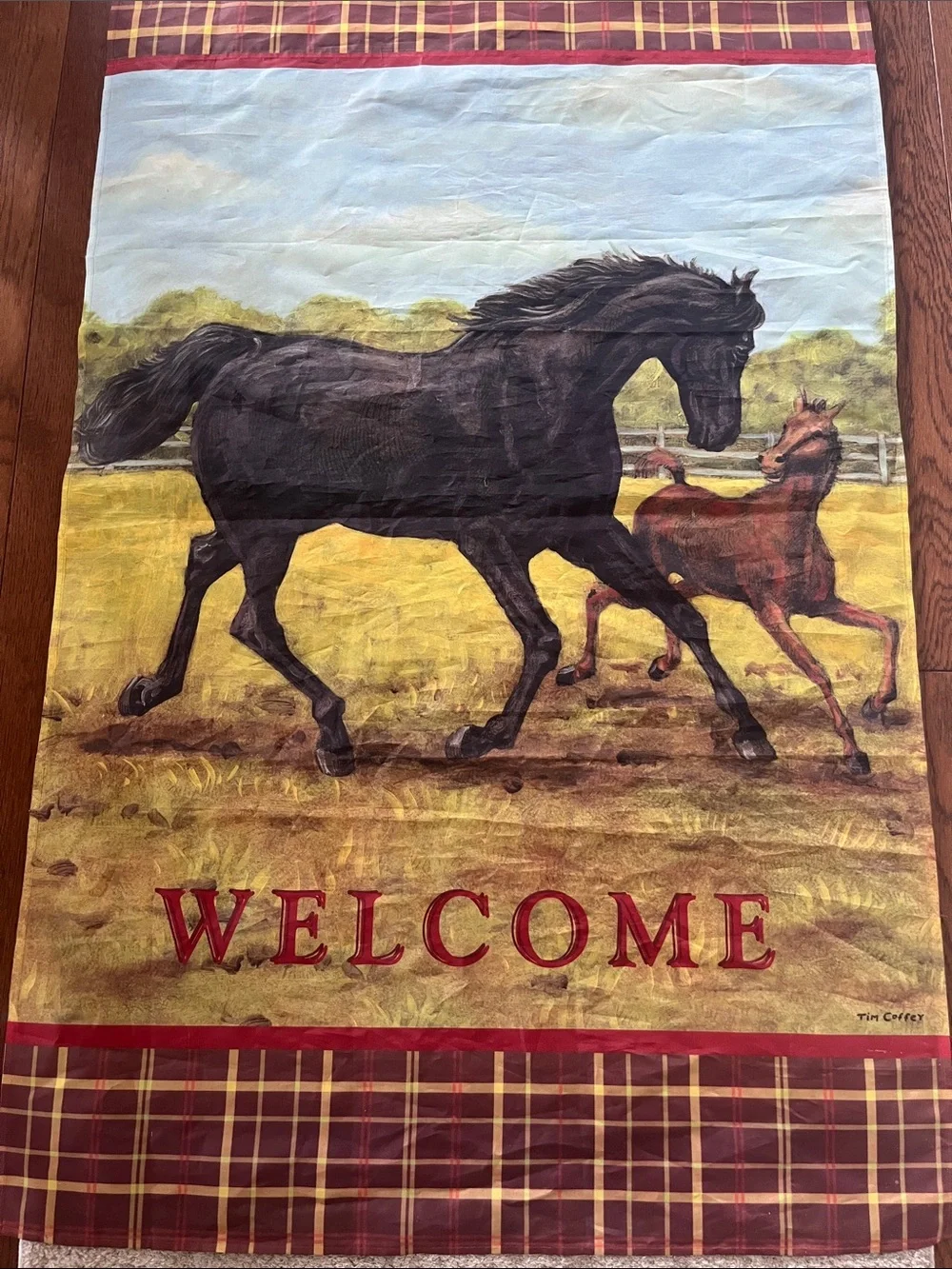 Welcome Horse Tapestry Wall Hanging in Black and Brown